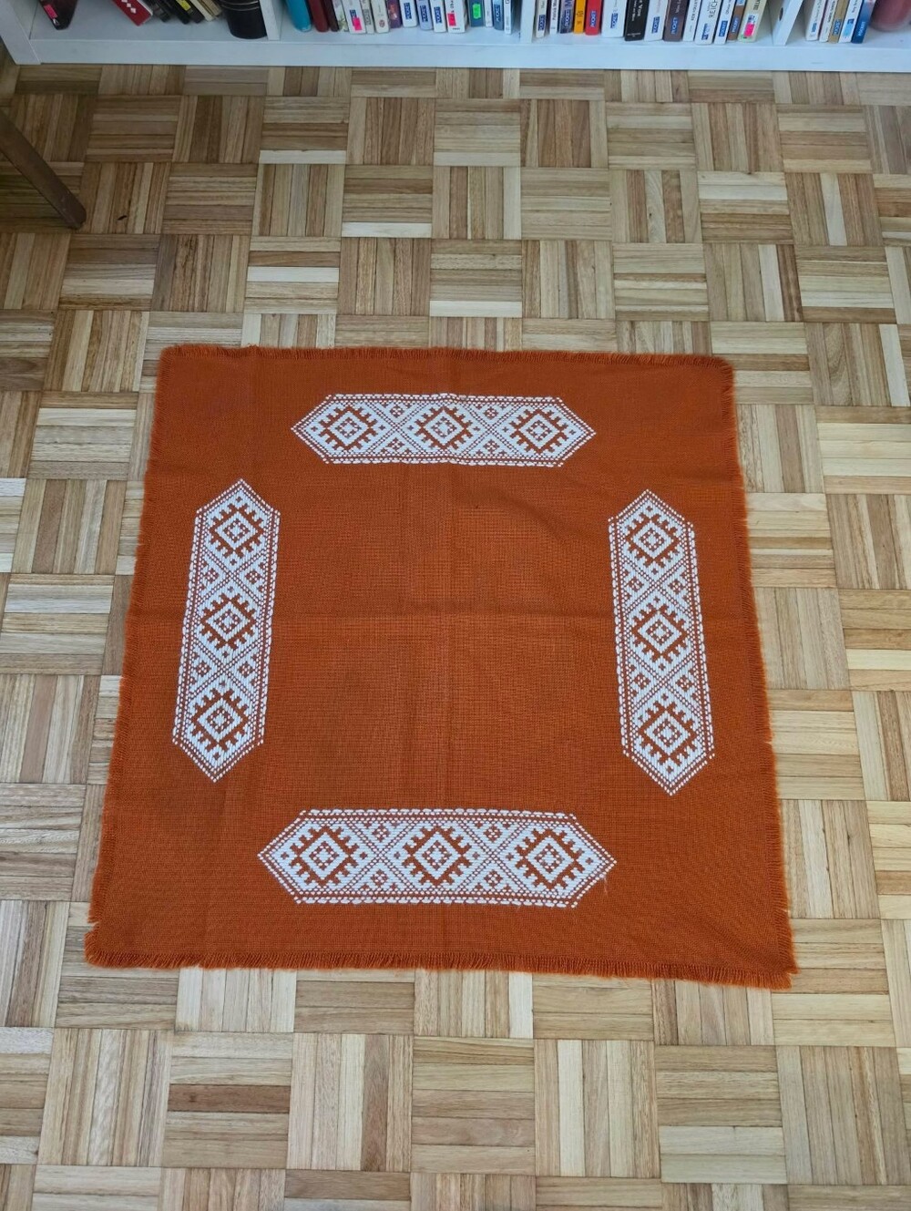 Handmade Orange Tablecloth with White Embroidered Motif